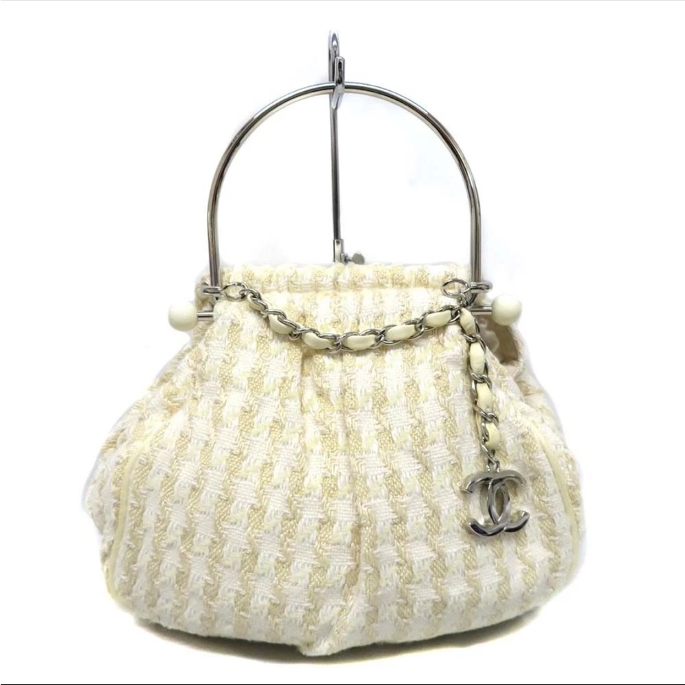 EUC Chanel Tweed Handbag White Metal Handle with Dust Bag Guarantee Card #KN729 - Picture 12 of 14